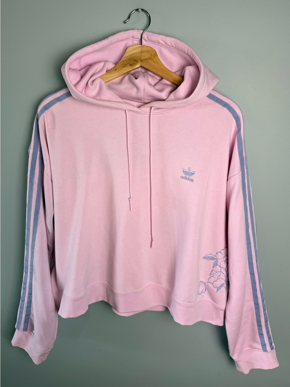 adidas Pink Hooded Women's Cropped Sweatshirt with Blue Stripes